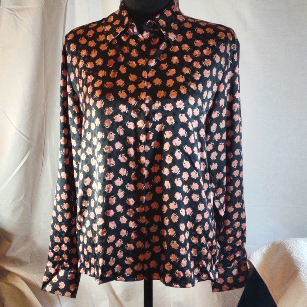 Vintage Tracy M Black w/Small Pink Flowers Long Sleeved Button Up Silk Blouse M